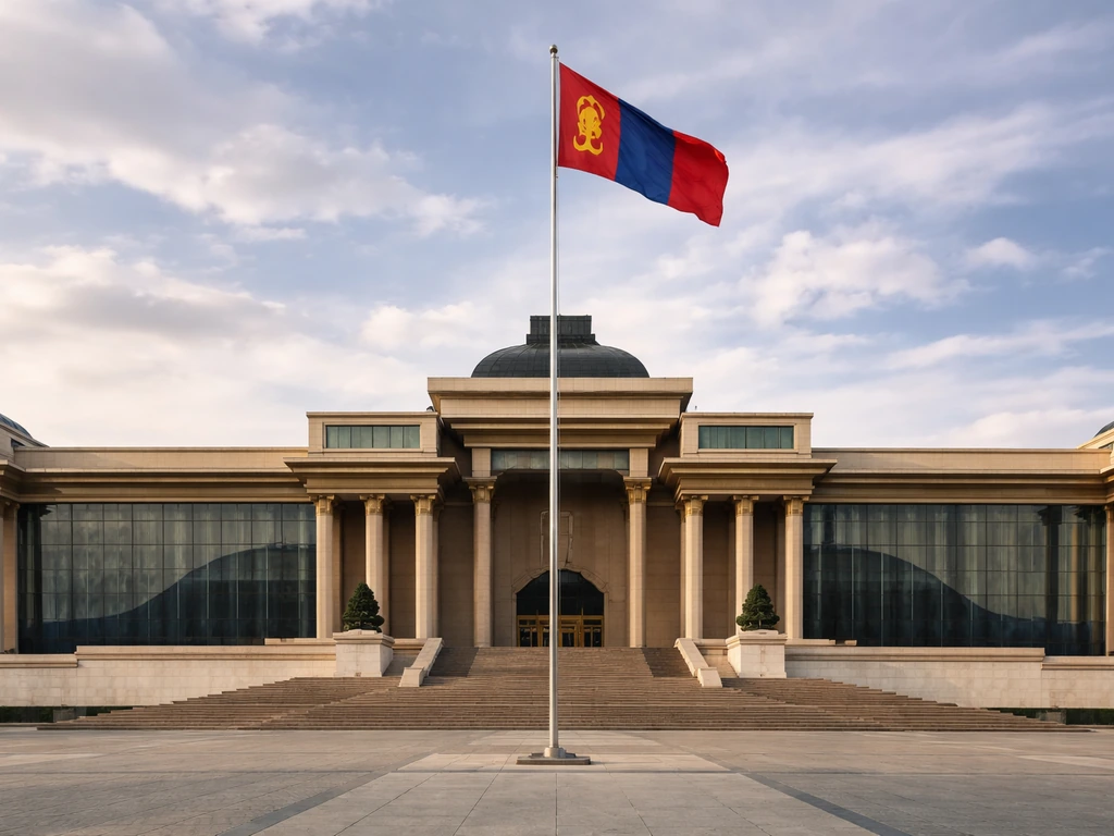 Southeastern Mongolia government-style building with a flag in the wind, evoking the national bird designation.