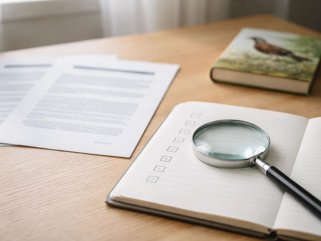 A simple desk scene with a notebook of bird-claim checks, documents, and a magnifying glass