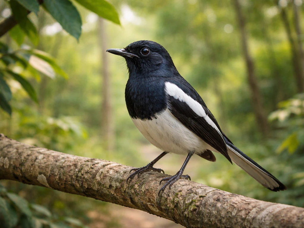 Oriental magpie-robin (doel) perched among lush greenery at a forest edge in Bangladesh