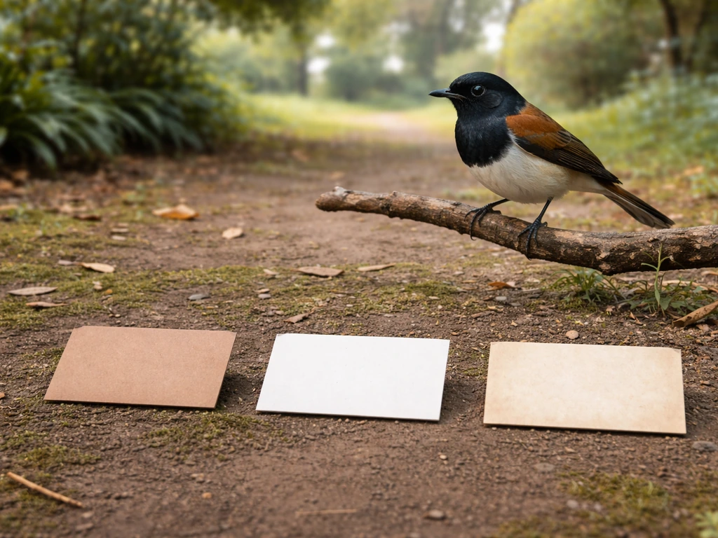 Oriental magpie-robin perched on a branch with three blank placards nearby for name comparison