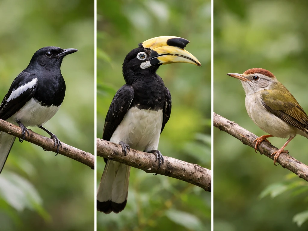 Side-by-side photos of a magpie-robin, an Oriental pied hornbill, and a similar Bangladeshi bird for comparison.