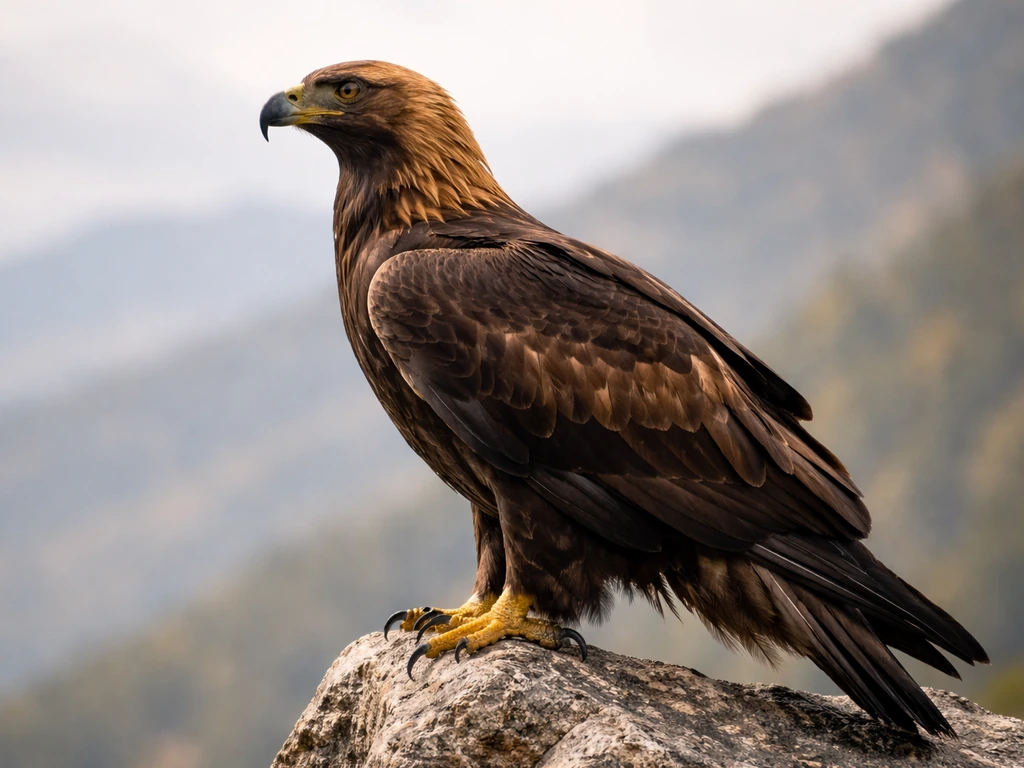 Golden eagle perched on a rock, golden-brown head/neck sheen clearly visible against dark feathers.