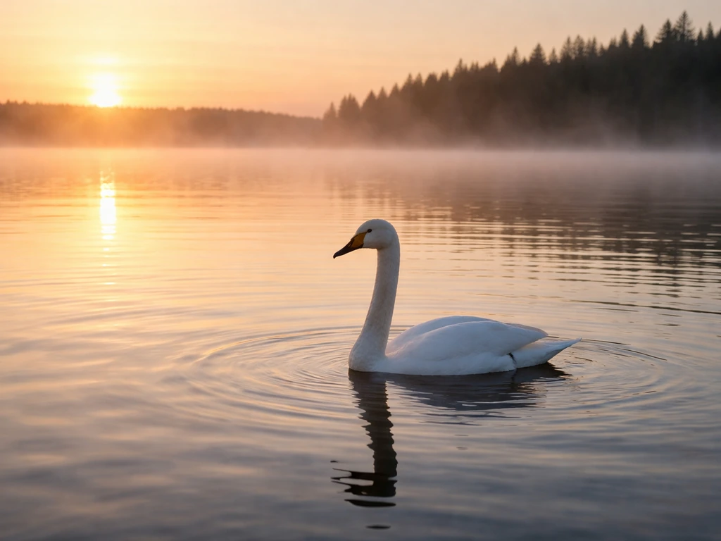 Whooper swan gliding on a calm Finnish lake at sunrise with soft golden light.
