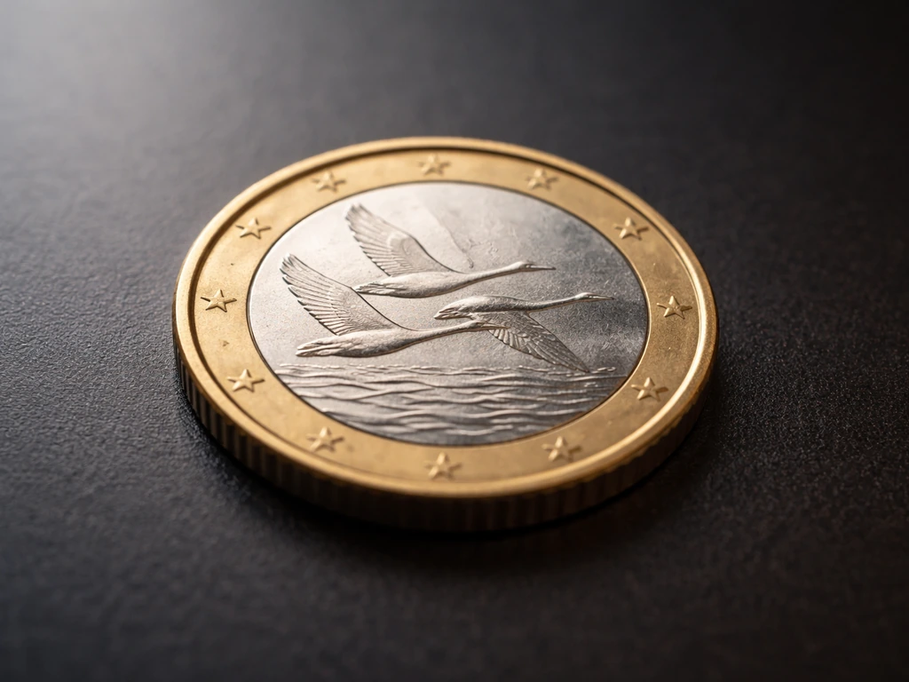 Close-up of a Finnish 1 euro coin showing the whooper swans design on a dark tabletop.