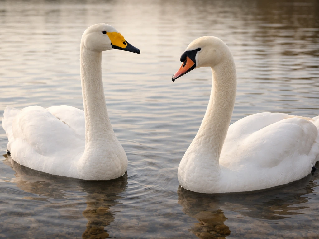 Two swans on a calm lake side-by-side, showing differences between whooper and mute swan