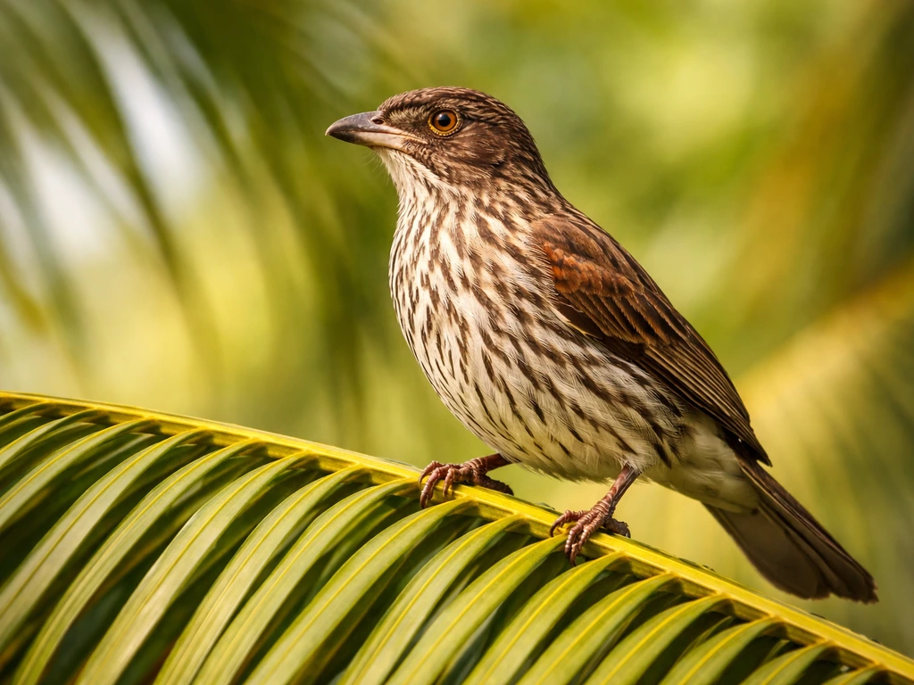 Palmchat (cigua palmera) perched on a palm frond, sharp focus against a softly blurred tropical background.