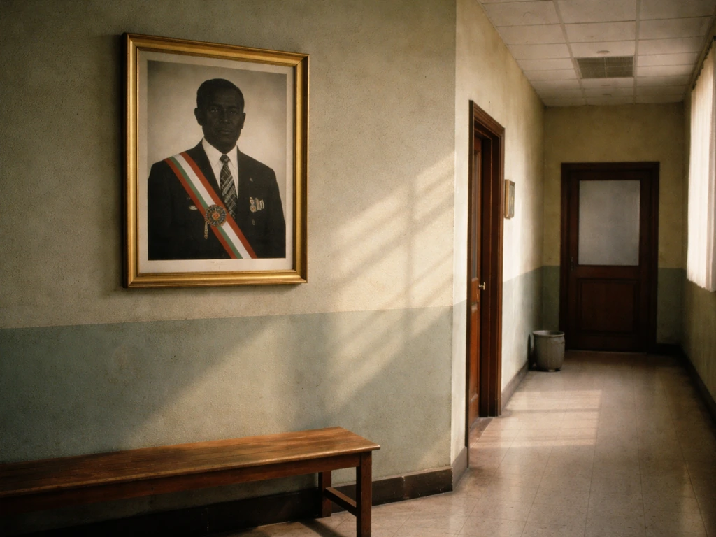 Archival-style office hallway with a single framed president portrait and natural light.