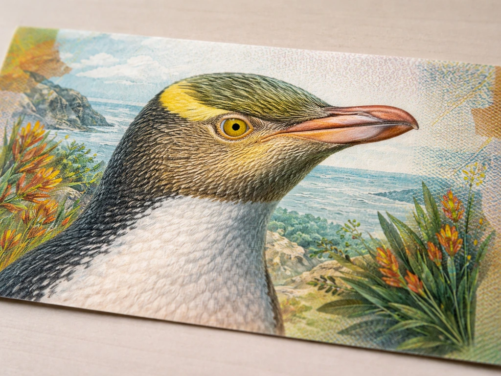 Close-up of a New Zealand $5 note reverse artwork showing the hoiho-like bird with yellow iris and markings