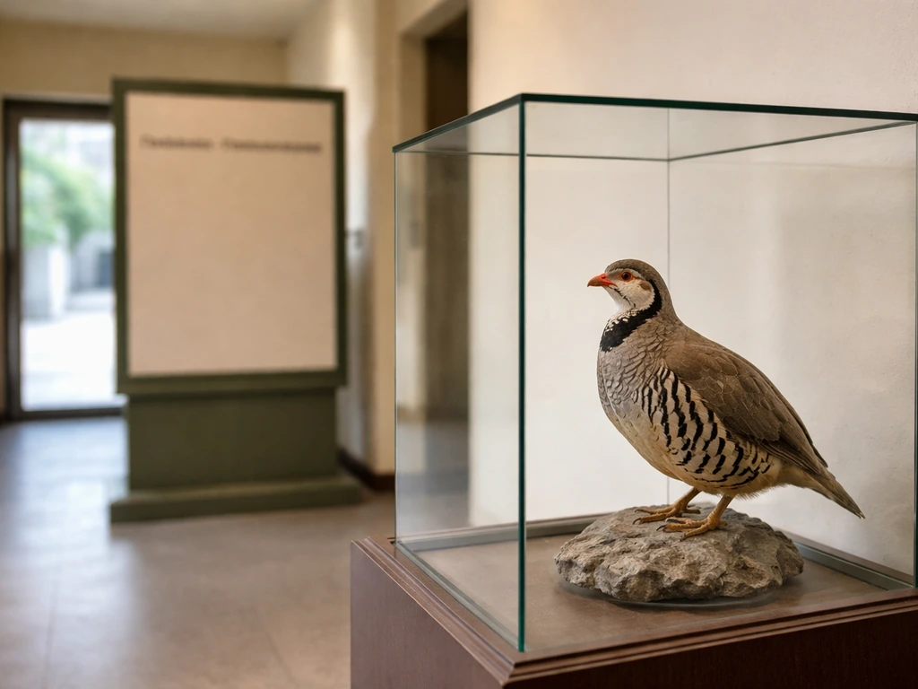 Museum entrance with a glass bird specimen on display, softly lit, no people or readable text.