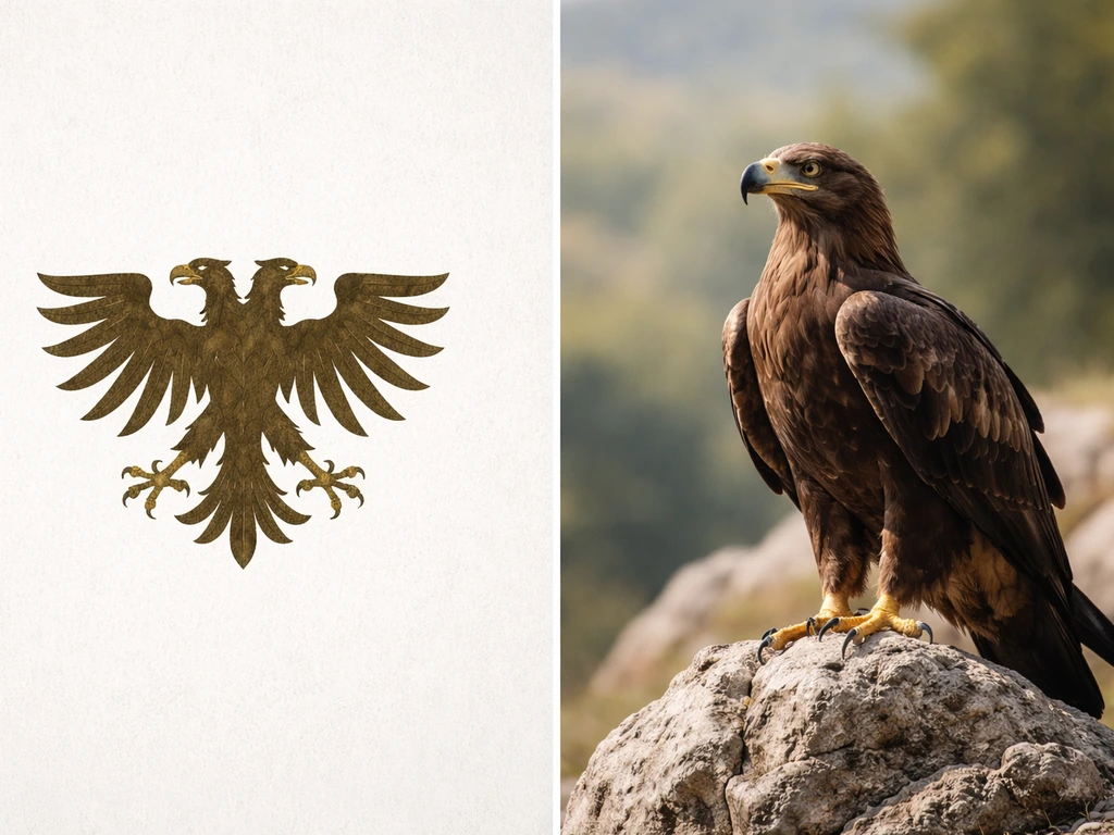 Side-by-side: stylized heraldic eagle emblem on the left and a realistic perched eagle on the right.