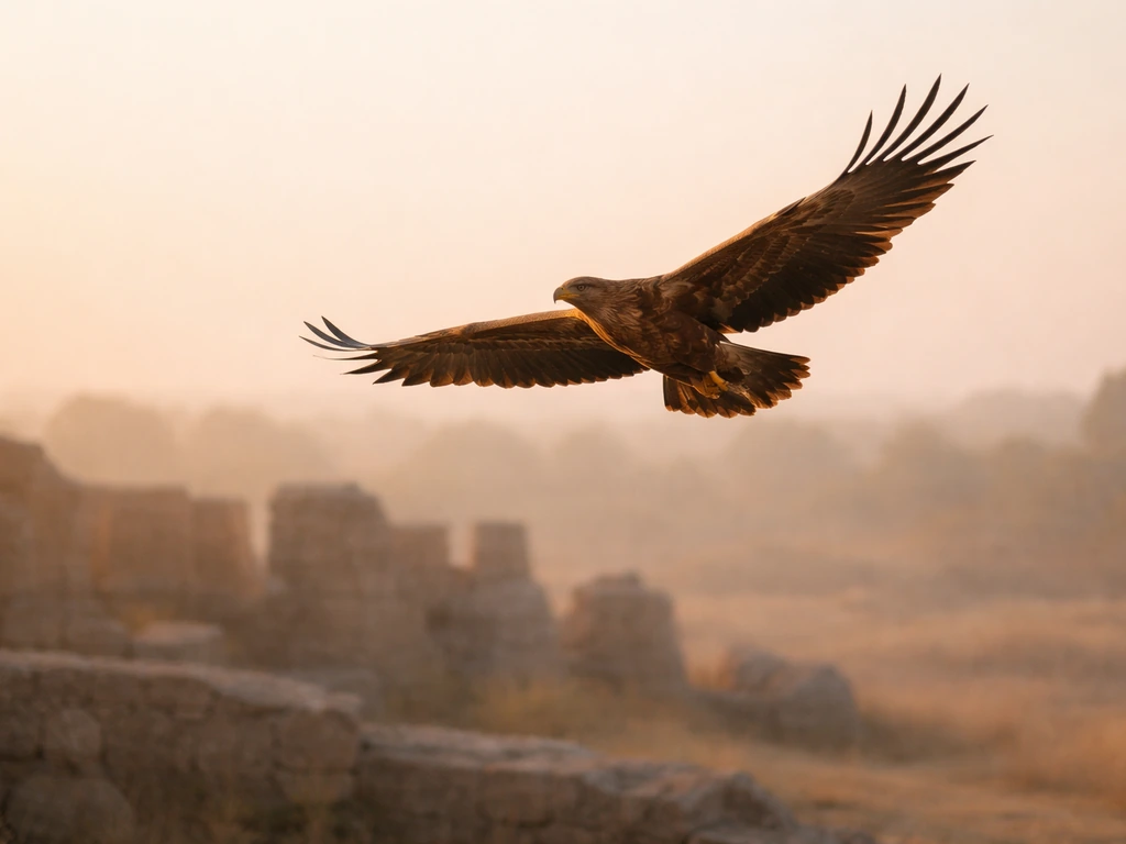 Close-up of a golden-brown eagle silhouette soaring above ancient stone ruins at sunrise.