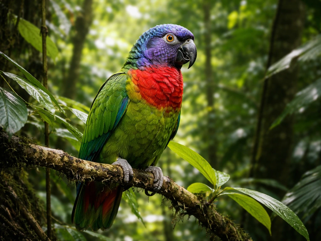 Jacquot (Saint Lucia Parrot) perched on a branch in a tropical rainforest with soft sunlight filtering through leaves.