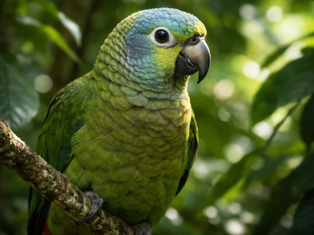 Close-up of a green Jacquot parrot showing facial markings among blurred tropical leaves.