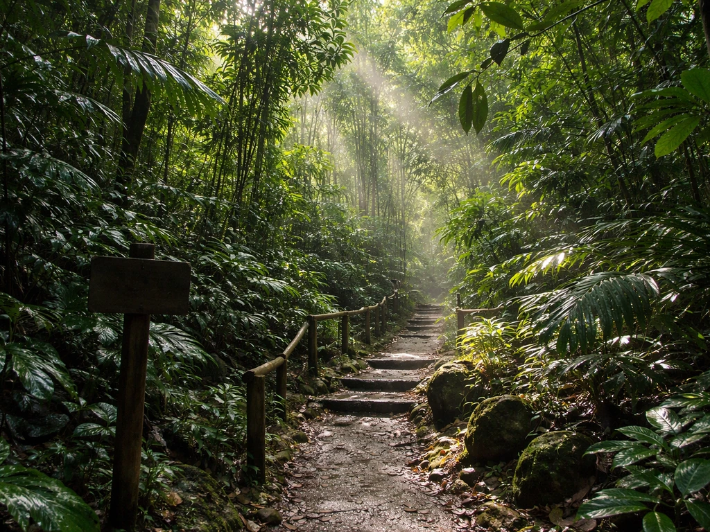 Rainforest trail in Saint Lucia with sunbeams and a small bird perched in the background.