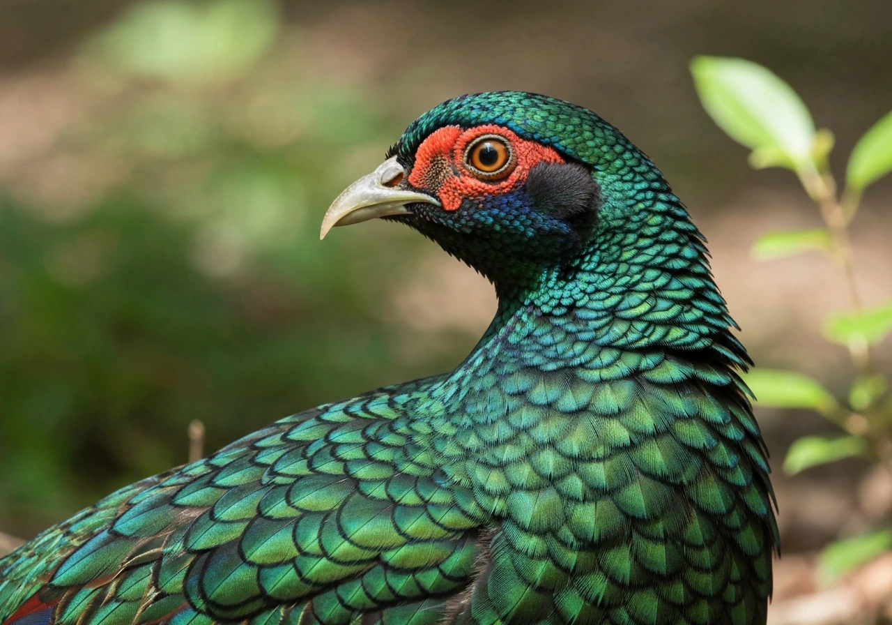 Close-up of an iridescent green pheasant (kiji) with shimmering plumage in natural light