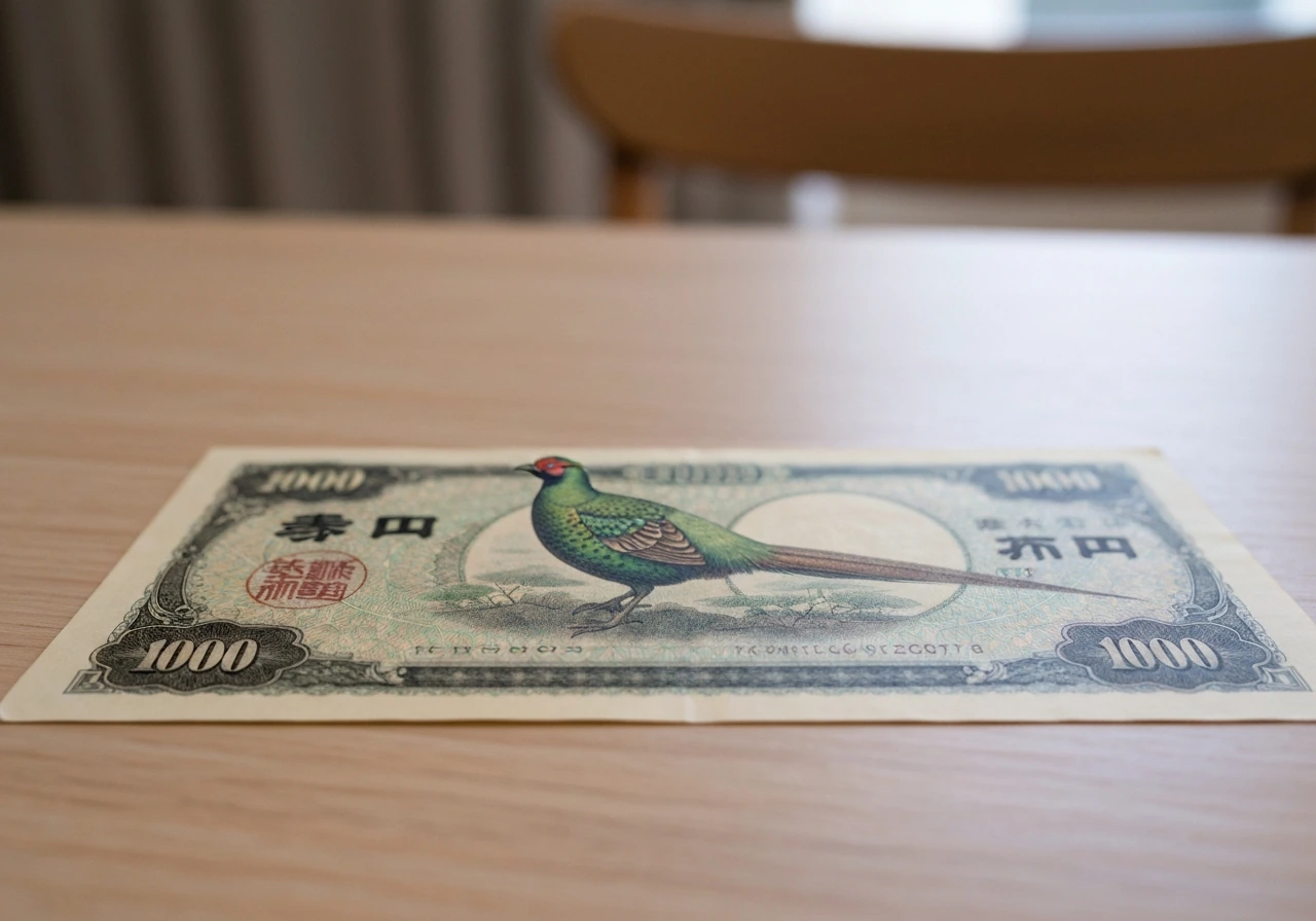Close-up of a Japanese yen banknote on a wooden table with a green pheasant (kiji) illustration visible.