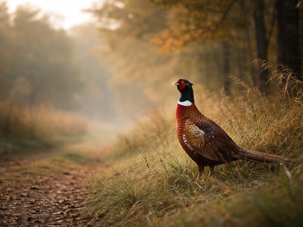 A pheasant perched in a quiet woodland at dawn, natural light suggesting the start of calling season.