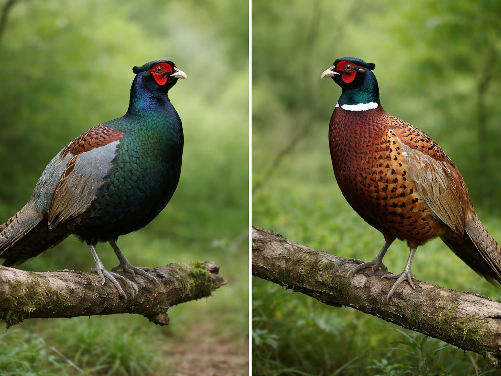 Two pheasants in a natural outdoor setting showing distinct body color and pattern differences.