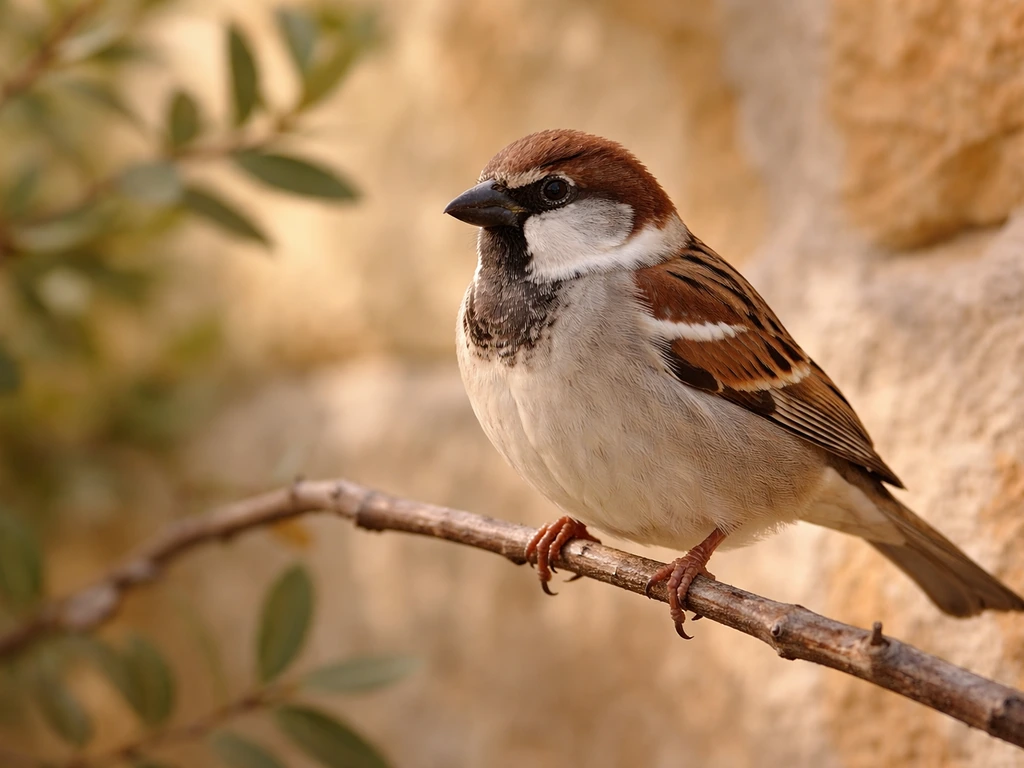 Italian sparrow perched on a twig against a sunlit stone wall with soft olive greenery behind