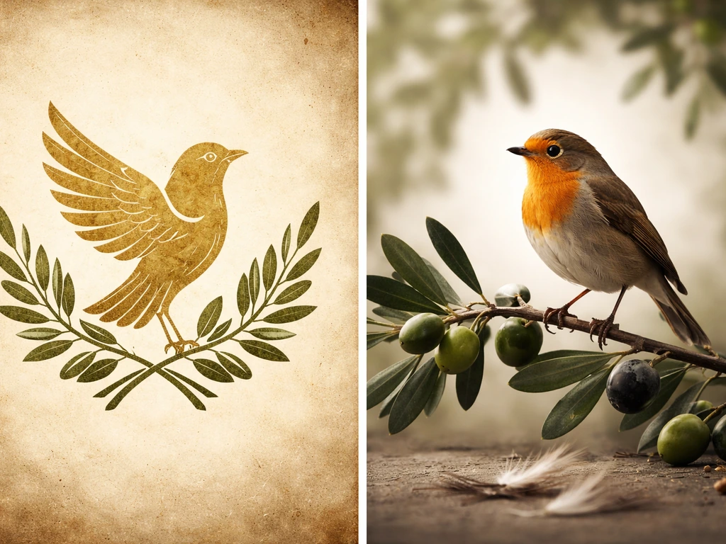 Split image: emblem-like golden bird symbolism on the left vs a small perched songbird on an olive branch.