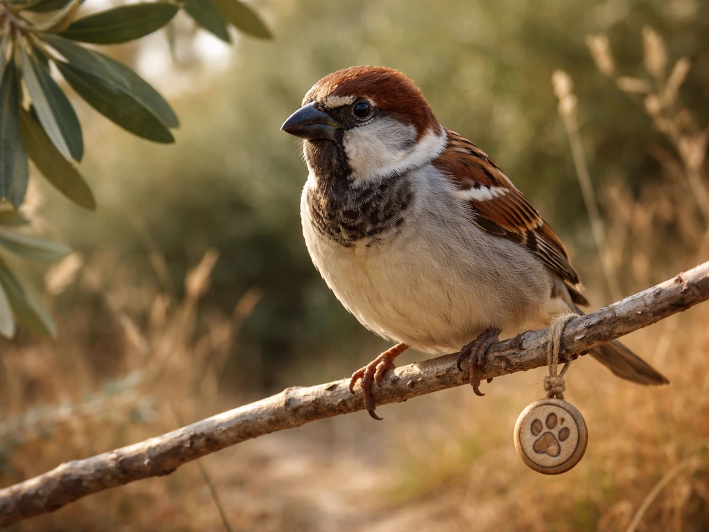 Close-up Italian sparrow perched among Mediterranean vegetation, calm natural habitat backdrop.