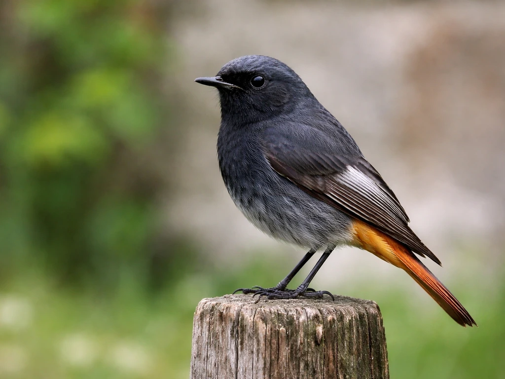 Black redstart bird perched outdoors in Germany, feathers sharply detailed against a natural background.