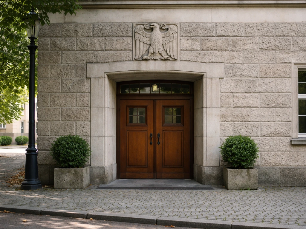 German building doorway with a small stone eagle emblem, suggesting emblematic bird symbolism