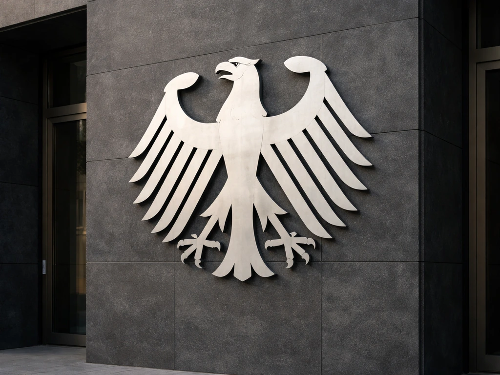 Bundesadler-style German federal eagle emblem on a formal building entrance in daylight