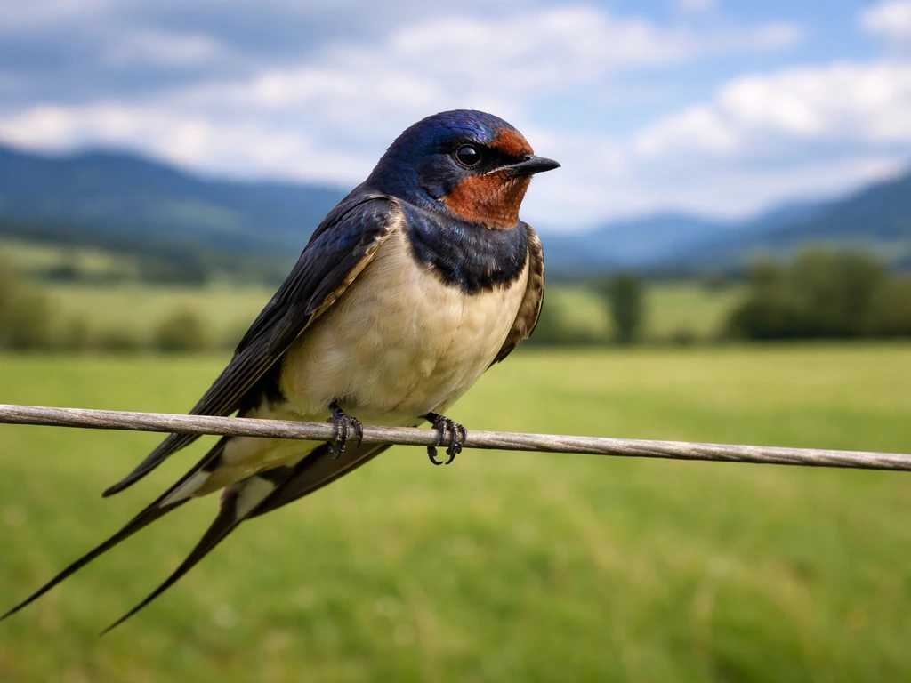 Barn swallow perched on a wire with Austrian countryside hills in soft focus behind it