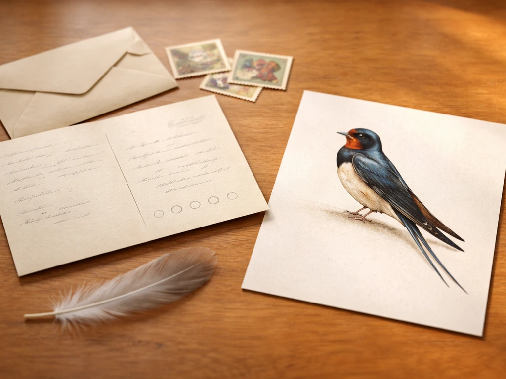 Vintage postcard and Barn Swallow feather illustration on a desk, suggesting Austria’s 12 April 1962 bird vote