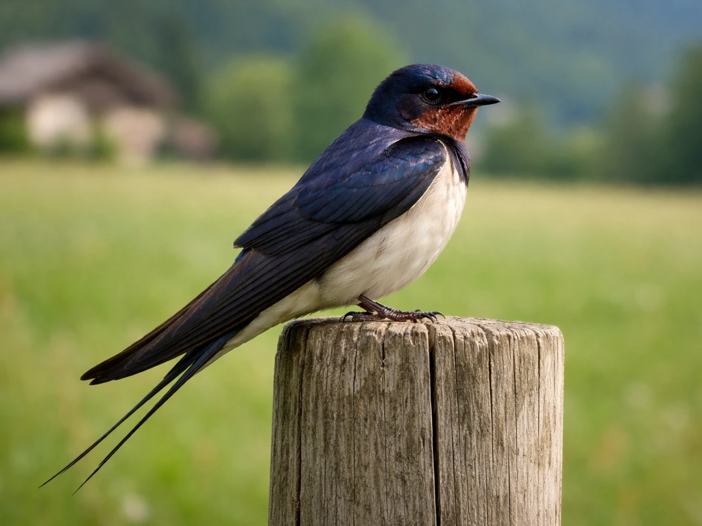 Barn swallow perched on a wooden post, showing blue upperparts, rusty throat patch, and forked tail.