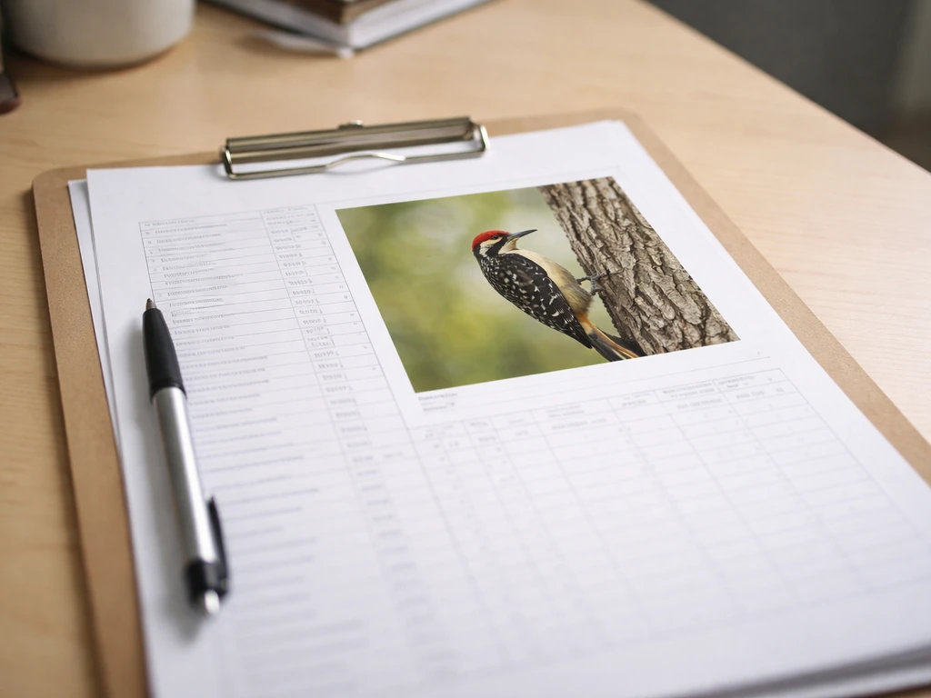 Close-up of an official-looking bird list document on a desk, featuring a woodpecker photo.