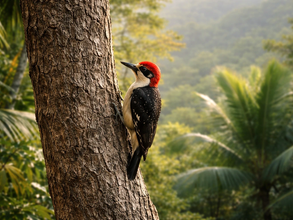 Puerto Rican woodpecker perched on a native tree in lush tropical Puerto Rico vegetation.