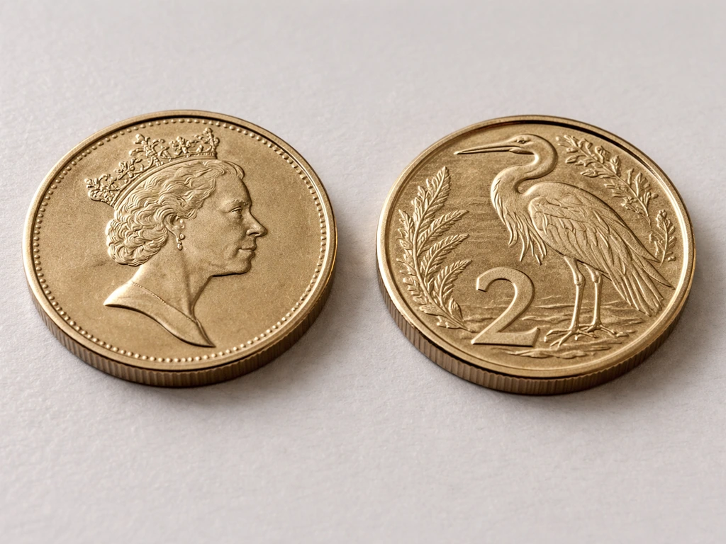 Two New Zealand $2 coins side by side showing obverse monarch and reverse bird designs.
