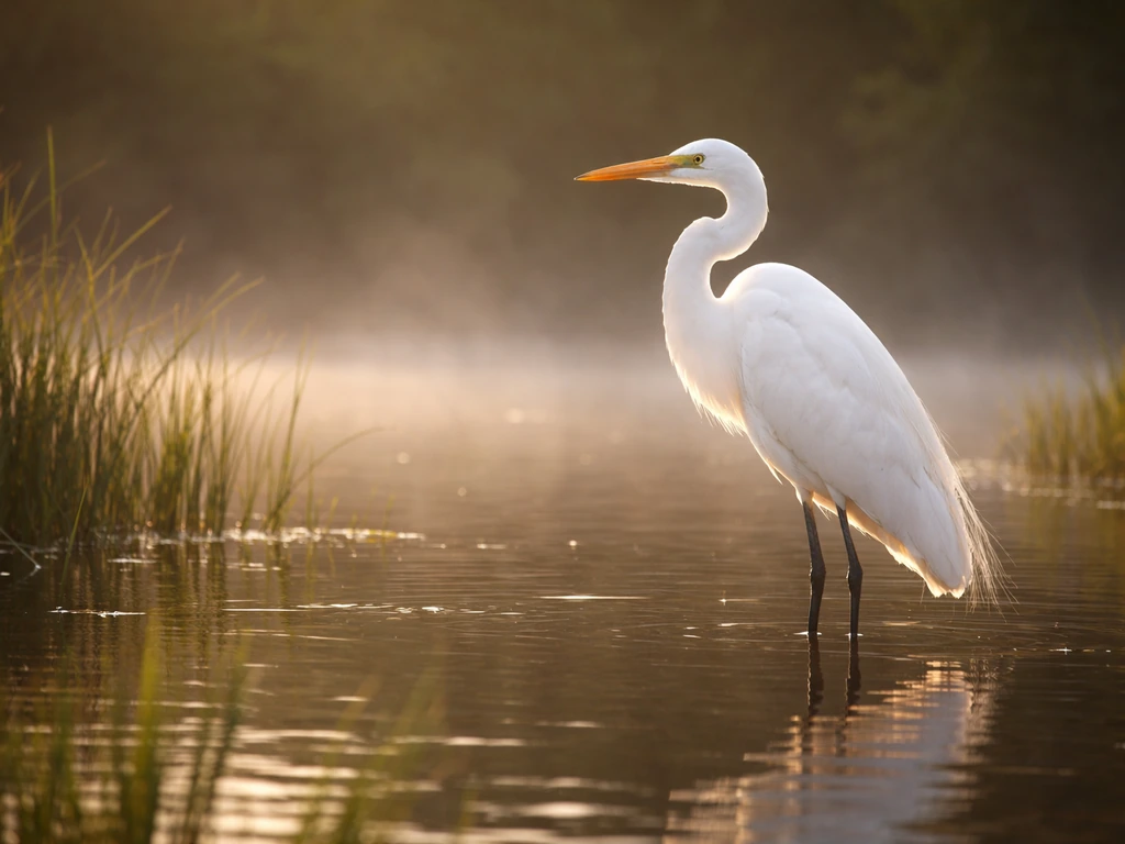 A white kōtuku bird standing in a calm wetland at sunrise with lush reeds and water.