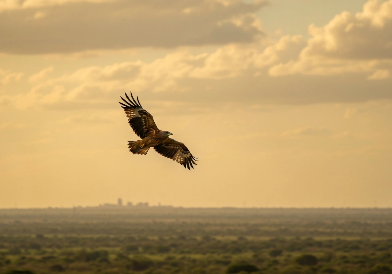 Tawny eagle soaring above a Ghana landscape with warm sky and distant city/land cover.