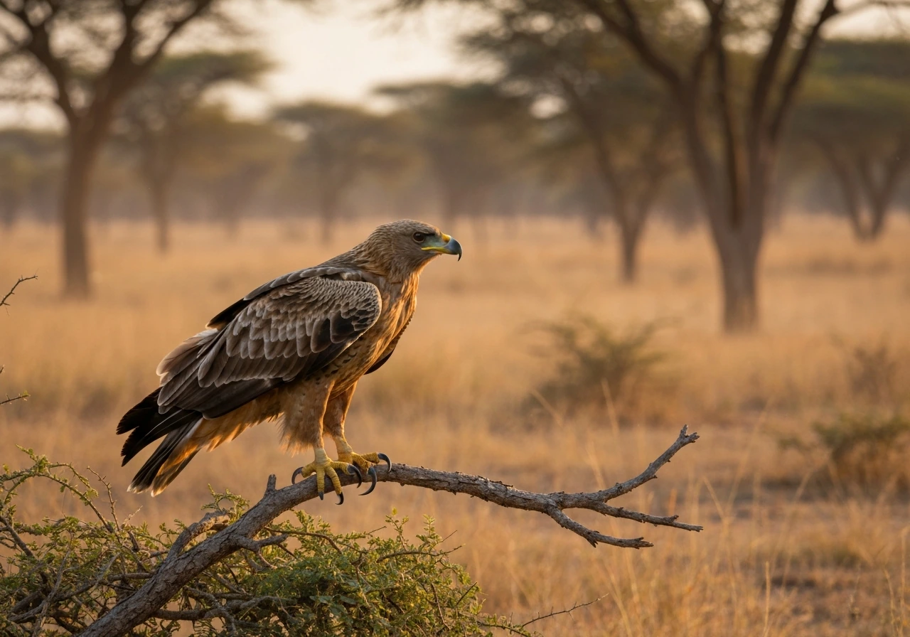 Tawny eagle perched on an acacia branch in a warm Ghana-like savanna woodland, alert and free.