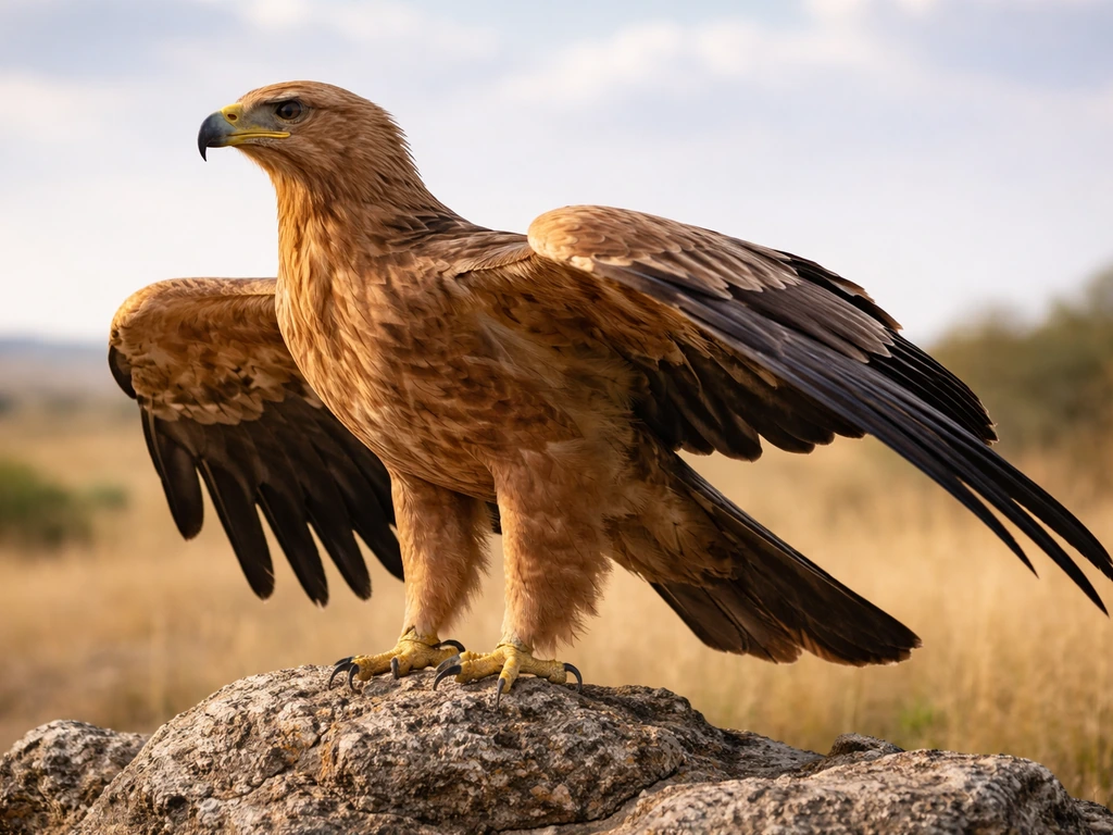 Tawny Eagle perched on rocks in side view with warm brown plumage and partially spread wings.