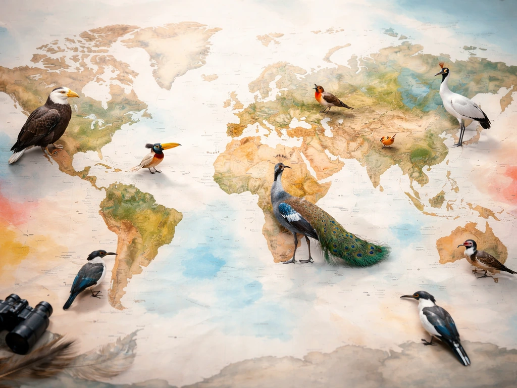 Photo-real collage of multiple birds over a world map with subtle flag-color accents, no text.