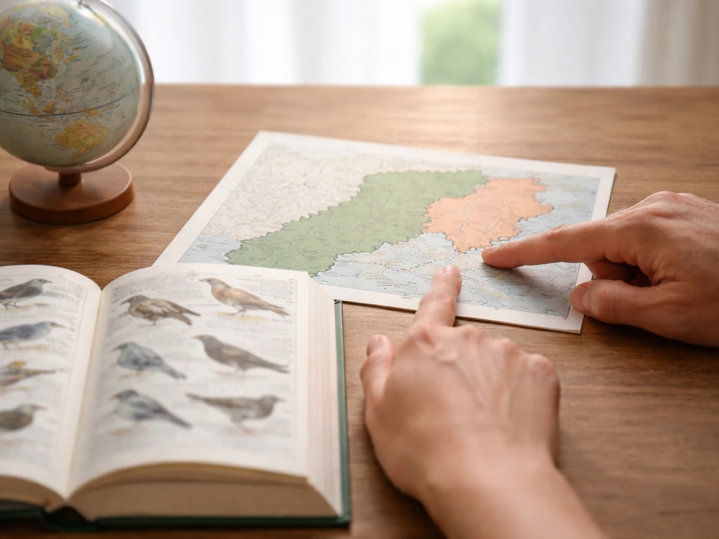 Open book beside a globe and small wall map, hands pointing at a boundary between two regions.