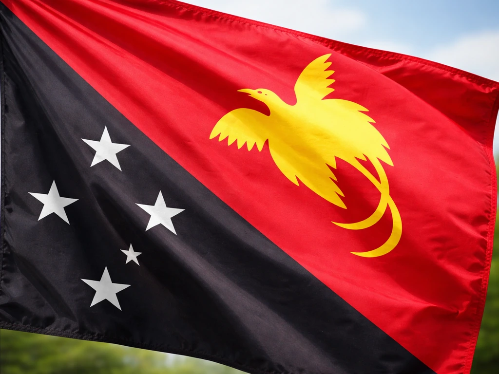 Papua New Guinea flag close-up with the bird-of-paradise emblem clearly visible.