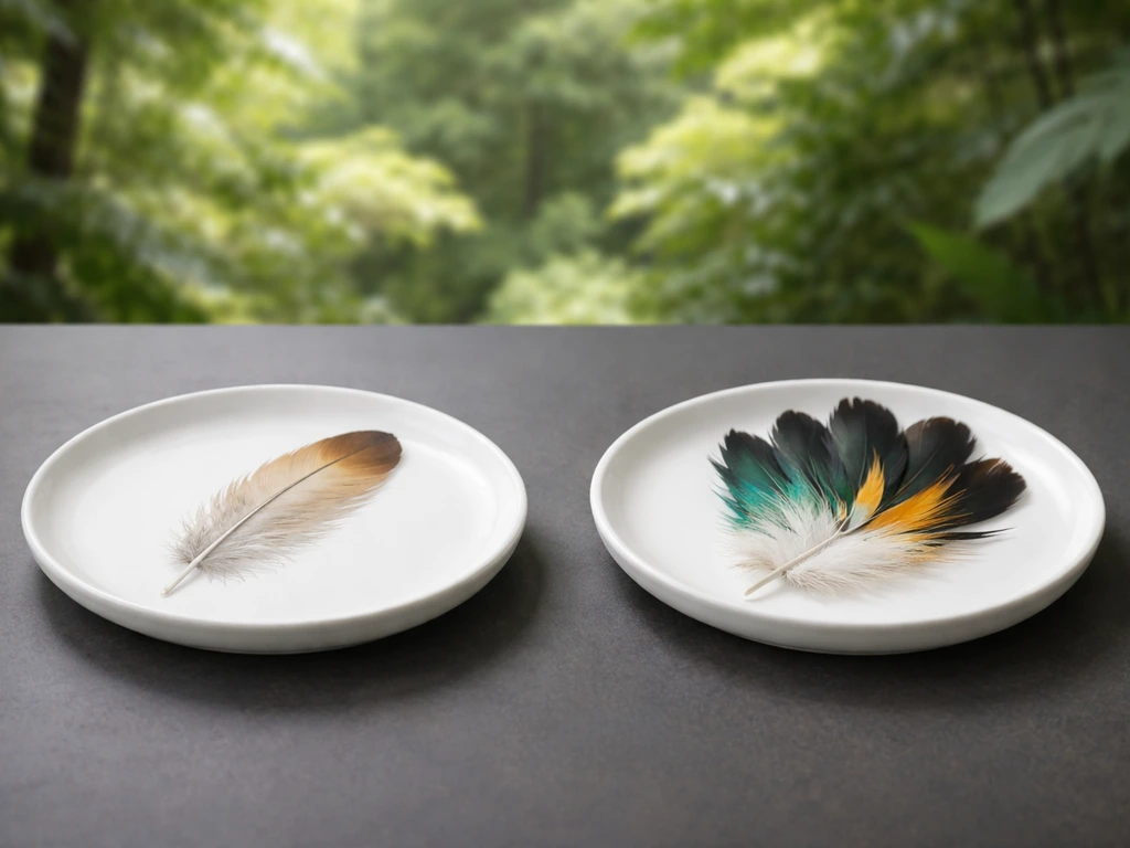 Two ceramic plates with close-up bird-of-paradise feather imagery representing a common vs scientific comparison.