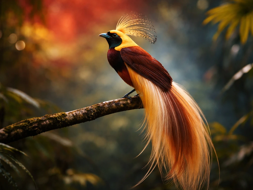 A Raggiana bird-of-paradise perched against a soft background in Papua New Guinea flag colors.