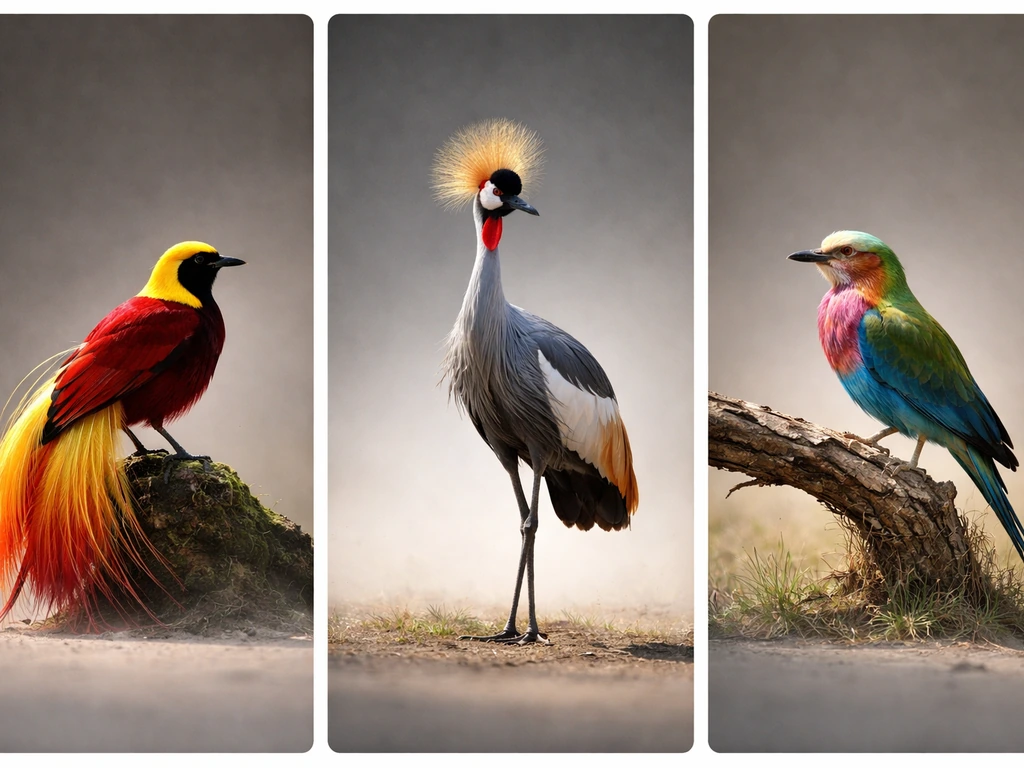 Three distinct bird species side-by-side, representing different national flag birds for PNG, Uganda, and Zambia.