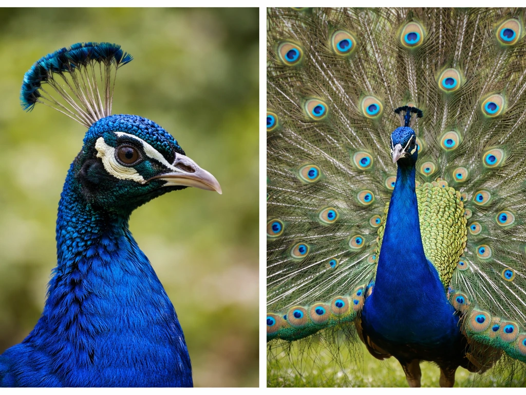 Two close-up side-by-side photos showing an Indian peacock’s crest and neck fan, with tail arrangement visible.