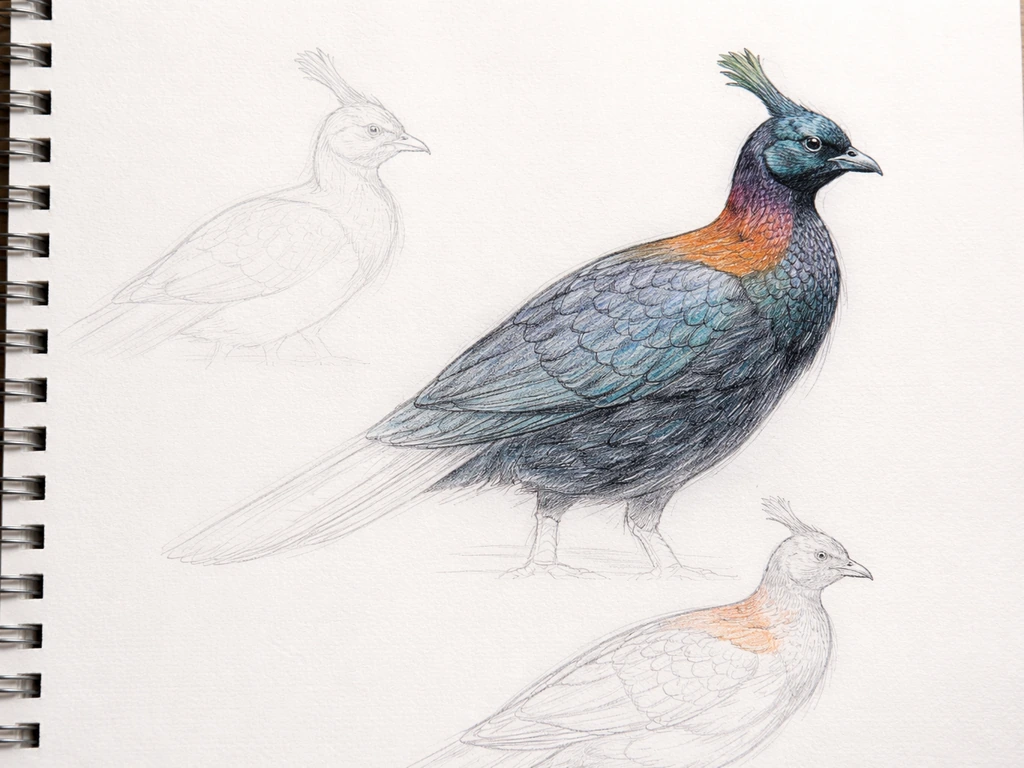 Minimal sketchbook close-up showing a step-by-step pencil drawing of a Himalayan monal with crest and color regions.