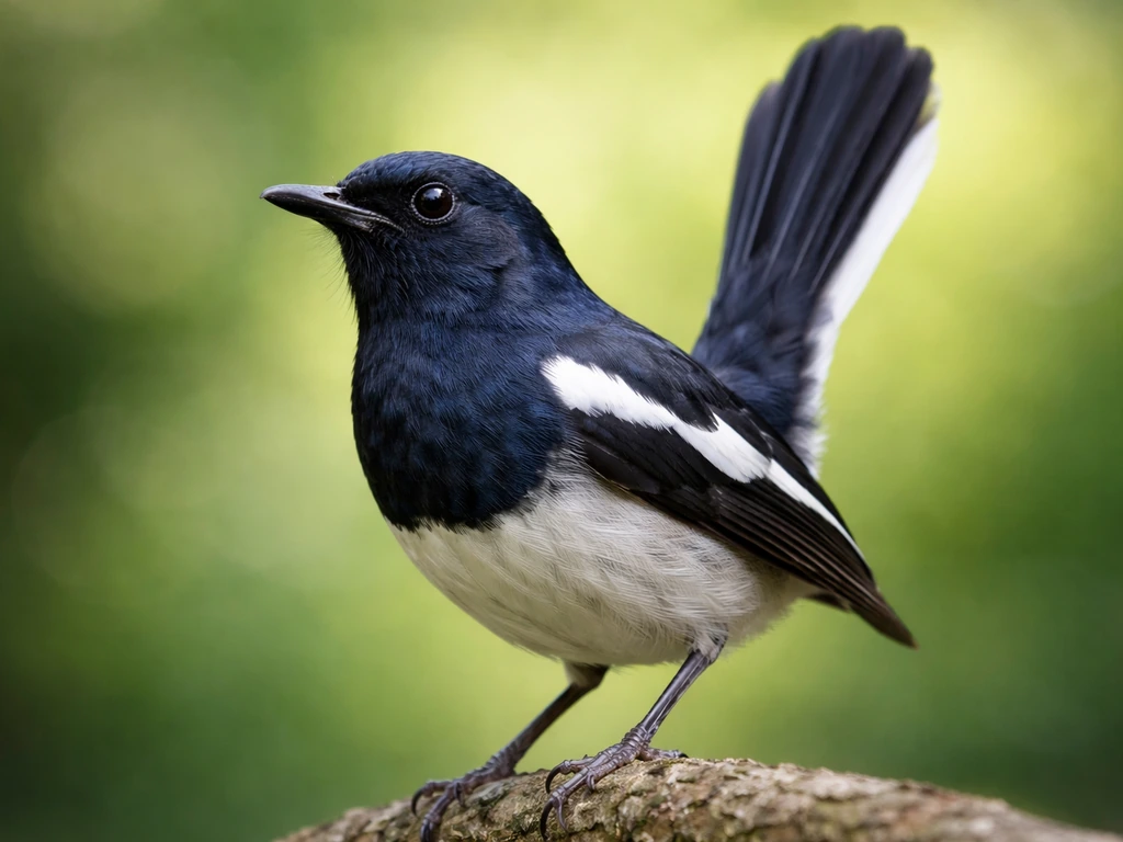 Close-up of an Oriental magpie-robin showing blue-black upper and lighter lower, upright tail silhouette