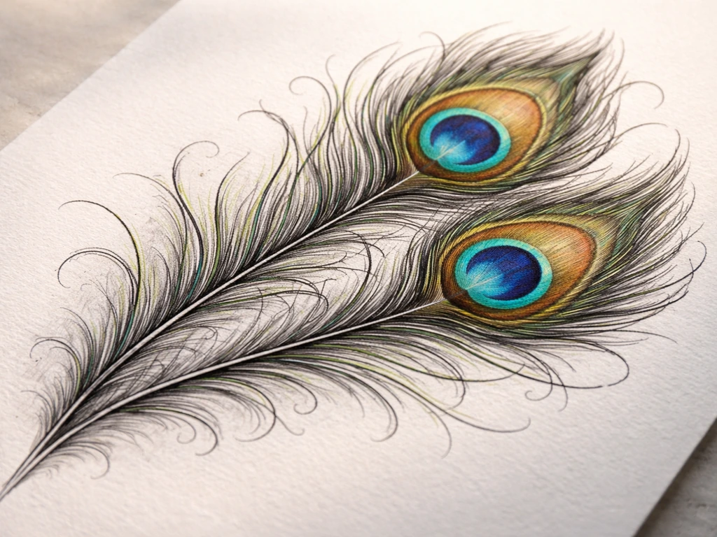 Close-up of a finished peacock-feather drawing with crisp shading and detailed eye-spot pattern.