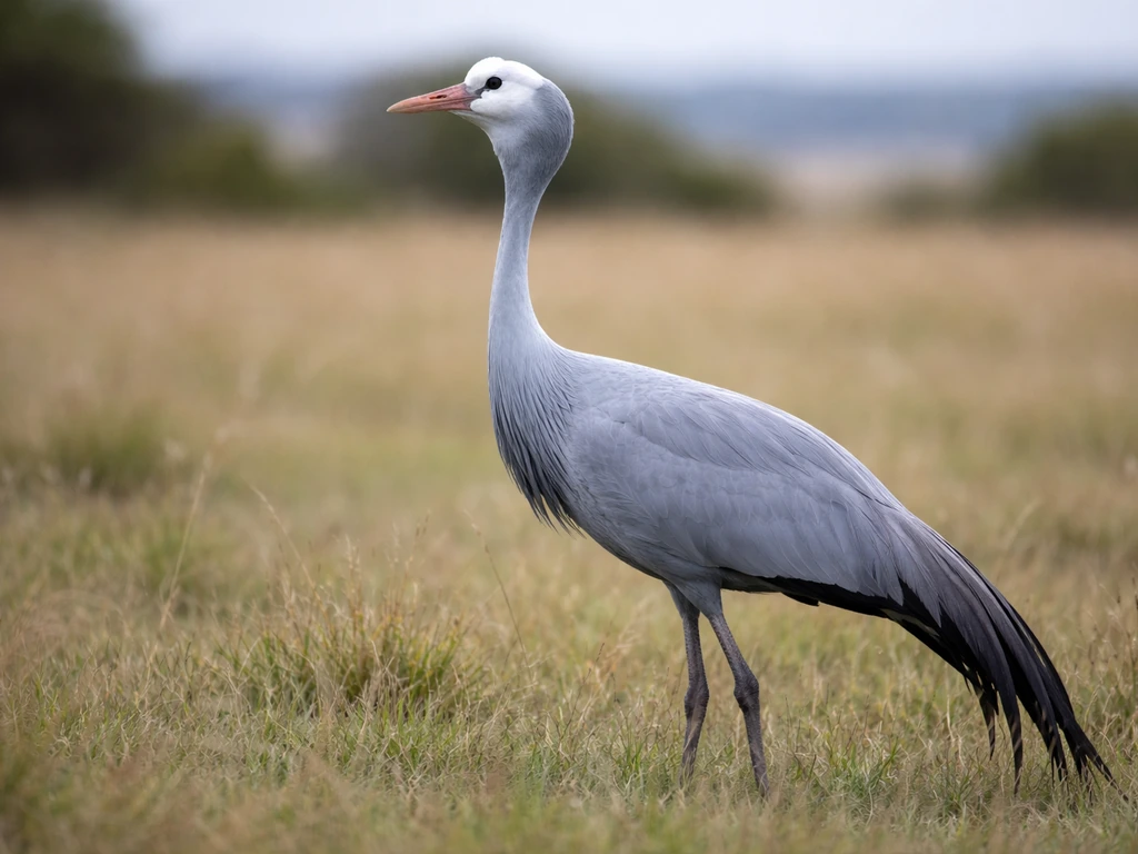 Blue crane standing in South Africa, showing its long neck and bulb-like throat markings