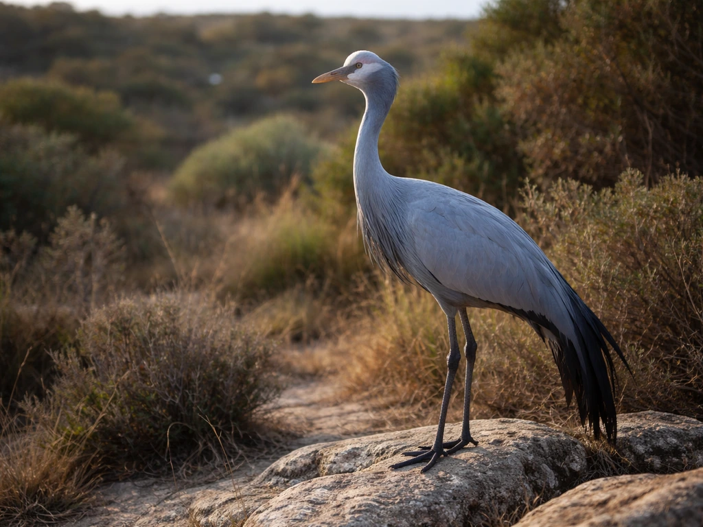 A blue crane (indwe) perched near fynbos, softly lit natural setting evoking South African cultural identity.